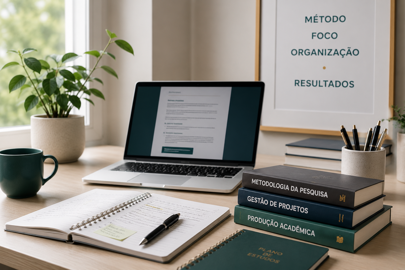 Ambiente de estudos organizado com notebook, caderno e livros acadêmicos