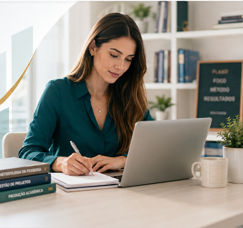 Profissional organizando projeto acadêmico com notebook e materiais de estudo
